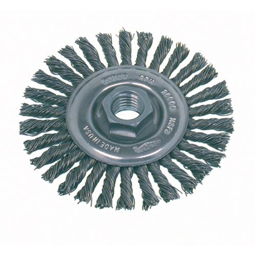 Brosse rotative &agrave; fils nou&eacute;s pour petites meuleuses haute vitesse, pour passe de fond, Dia. 4", Fils 0,02", Arbre 5/8"-11, Acier inoxydable Waymarc Industries Inc