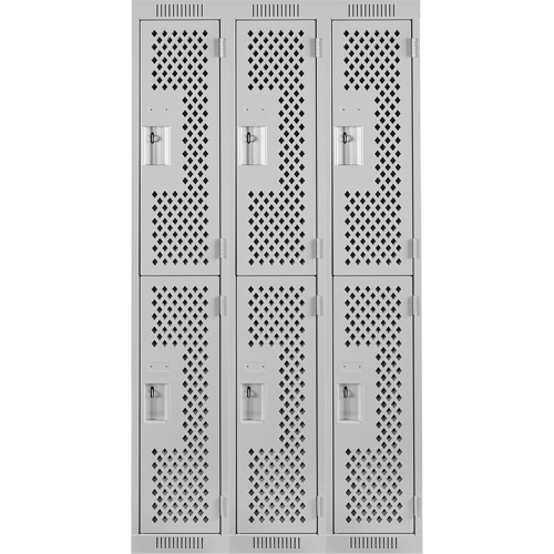 Clean Line Lockers, 2 -tier, Bank of 3, 36" x 12" x 72", Steel, Grey, Rivet (Assembled), Perforated Waymarc Industries Inc