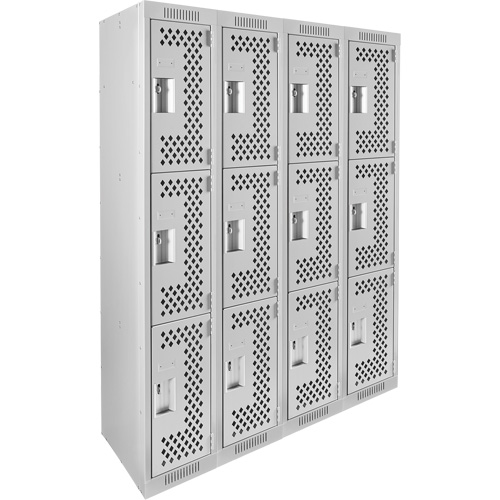 Clean Line Lockers, 3 -tier, Bank of 4, 48" x 12" x 72", Steel, Grey, Rivet (Assembled), Perforated Waymarc Industries Inc