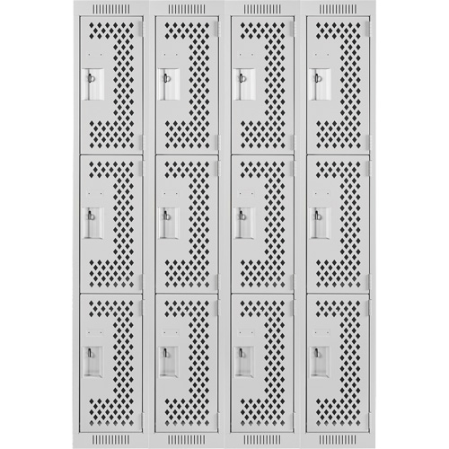 Clean Line Lockers, 3 -tier, Bank of 4, 48" x 12" x 72", Steel, Grey, Rivet (Assembled), Perforated Waymarc Industries Inc