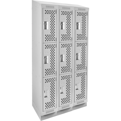Clean Line Lockers, 3 -tier, Bank of 3, 36" x 12" x 82", Steel, Grey, Rivet (Assembled), Perforated Waymarc Industries Inc