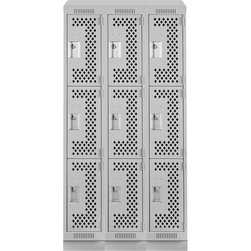 Clean Line Lockers, 3 -tier, Bank of 3, 36" x 12" x 82", Steel, Grey, Rivet (Assembled), Perforated Waymarc Industries Inc