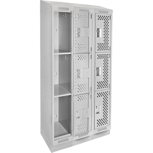 Clean Line Lockers, 3 -tier, Bank of 3, 36" x 12" x 82", Steel, Grey, Rivet (Assembled), Perforated Waymarc Industries Inc
