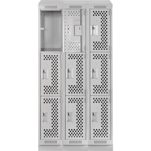 Clean Line Lockers, 3 -tier, Bank of 3, 36" x 12" x 82", Steel, Grey, Rivet (Assembled), Perforated Waymarc Industries Inc