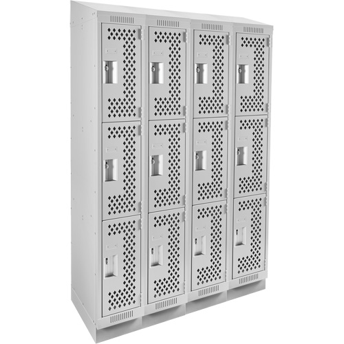 Clean Line Lockers, 3 -tier, Bank of 4, 48" x 12" x 82", Steel, Grey, Rivet (Assembled), Perforated Waymarc Industries Inc