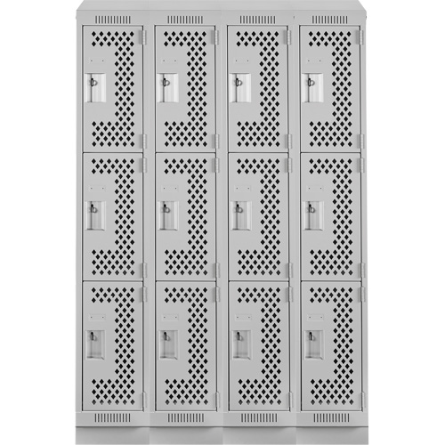 Clean Line Lockers, 3 -tier, Bank of 4, 48" x 12" x 82", Steel, Grey, Rivet (Assembled), Perforated Waymarc Industries Inc