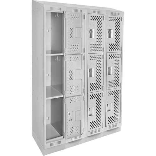 Clean Line Lockers, 3 -tier, Bank of 4, 48" x 12" x 82", Steel, Grey, Rivet (Assembled), Perforated Waymarc Industries Inc
