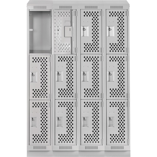 Clean Line Lockers, 3 -tier, Bank of 4, 48" x 12" x 82", Steel, Grey, Rivet (Assembled), Perforated Waymarc Industries Inc