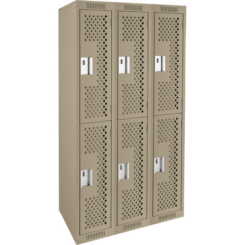 Clean Line Lockers, 2 -tier, Bank of 3, 36" x 12" x 72", Steel, Beige, Rivet (Assembled), Perforated Waymarc Industries Inc