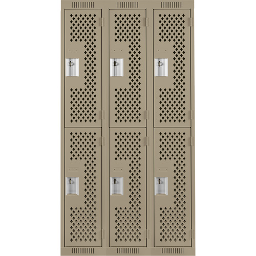 Clean Line Lockers, 2 -tier, Bank of 3, 36" x 12" x 72", Steel, Beige, Rivet (Assembled), Perforated Waymarc Industries Inc