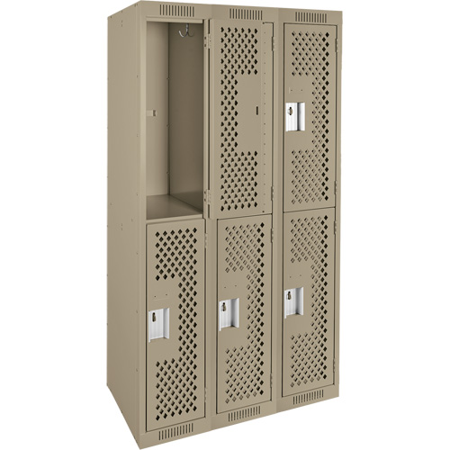 Clean Line Lockers, 2 -tier, Bank of 3, 36" x 12" x 72", Steel, Beige, Rivet (Assembled), Perforated Waymarc Industries Inc
