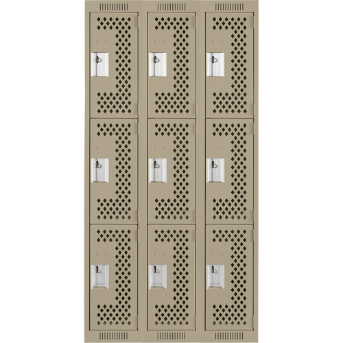 Clean Line Lockers, 3 -tier, Bank of 3, 36" x 12" x 72", Steel, Beige, Rivet (Assembled), Perforated Waymarc Industries Inc