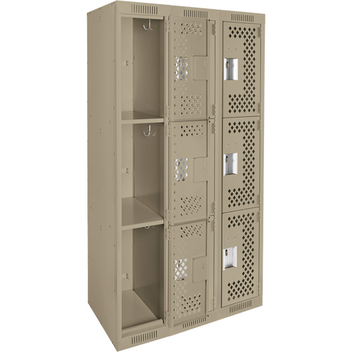Clean Line Lockers, 3 -tier, Bank of 3, 36" x 12" x 72", Steel, Beige, Rivet (Assembled), Perforated Waymarc Industries Inc