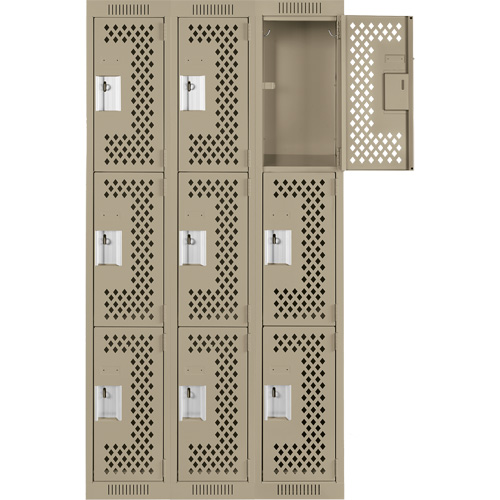 Clean Line Lockers, 3 -tier, Bank of 3, 36" x 12" x 72", Steel, Beige, Rivet (Assembled), Perforated Waymarc Industries Inc
