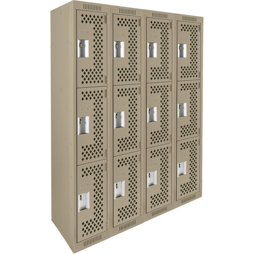 Clean Line Lockers, 3 -tier, Bank of 4, 48" x 12" x 72", Steel, Beige, Rivet (Assembled), Perforated Waymarc Industries Inc