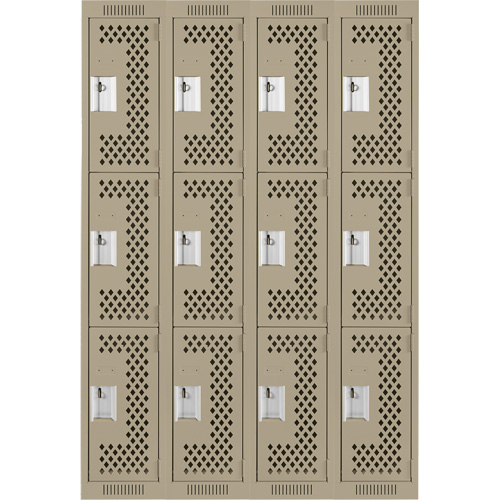 Clean Line Lockers, 3 -tier, Bank of 4, 48" x 12" x 72", Steel, Beige, Rivet (Assembled), Perforated Waymarc Industries Inc