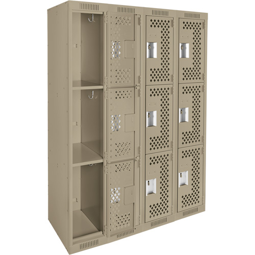 Clean Line Lockers, 3 -tier, Bank of 4, 48" x 12" x 72", Steel, Beige, Rivet (Assembled), Perforated Waymarc Industries Inc