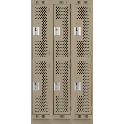 Clean Line Lockers, 2 -tier, Bank of 3, 36" x 15" x 76", Steel, Beige, Rivet (Assembled), Perforated Waymarc Industries Inc