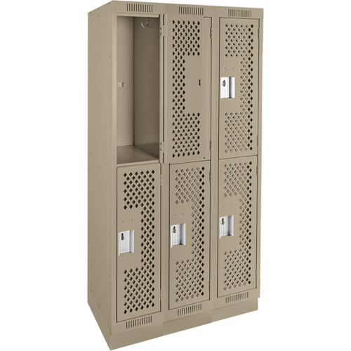Clean Line Lockers, 2 -tier, Bank of 3, 36" x 15" x 76", Steel, Beige, Rivet (Assembled), Perforated Waymarc Industries Inc