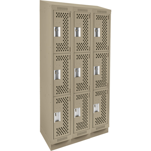 Clean Line Lockers, 3 -tier, Bank of 3, 36" x 12" x 82", Steel, Beige, Rivet (Assembled), Perforated Waymarc Industries Inc