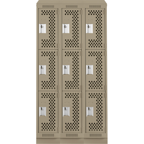 Clean Line Lockers, 3 -tier, Bank of 3, 36" x 12" x 82", Steel, Beige, Rivet (Assembled), Perforated Waymarc Industries Inc
