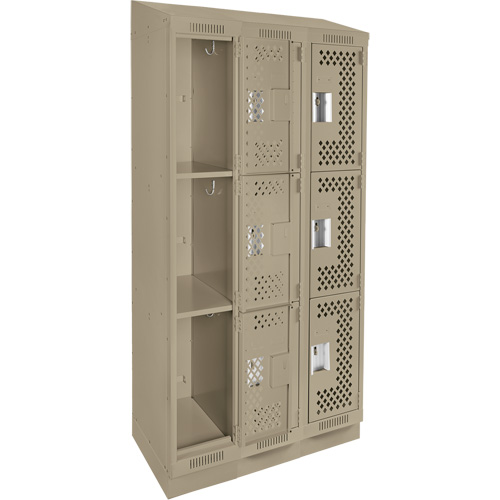 Clean Line Lockers, 3 -tier, Bank of 3, 36" x 12" x 82", Steel, Beige, Rivet (Assembled), Perforated Waymarc Industries Inc