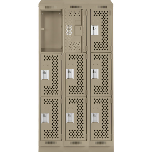 Clean Line Lockers, 3 -tier, Bank of 3, 36" x 12" x 82", Steel, Beige, Rivet (Assembled), Perforated Waymarc Industries Inc