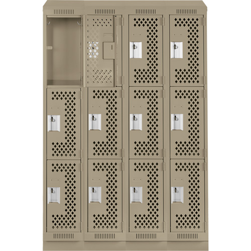 Clean Line Lockers, 3 -tier, Bank of 4, 48" x 15" x 82", Steel, Beige, Rivet (Assembled), Perforated Waymarc Industries Inc