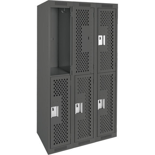 Clean Line Lockers, 2 -tier, Bank of 3, 36" x 12" x 72", Steel, Charcoal, Rivet (Assembled), Perforated Waymarc Industries Inc