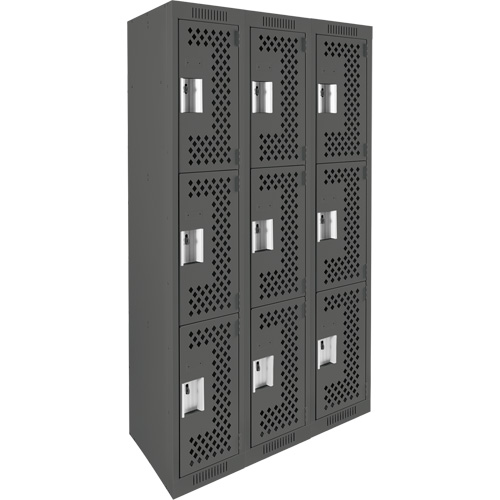 Clean Line Lockers, 3 -tier, Bank of 3, 36" x 12" x 72", Steel, Charcoal, Rivet (Assembled), Perforated Waymarc Industries Inc