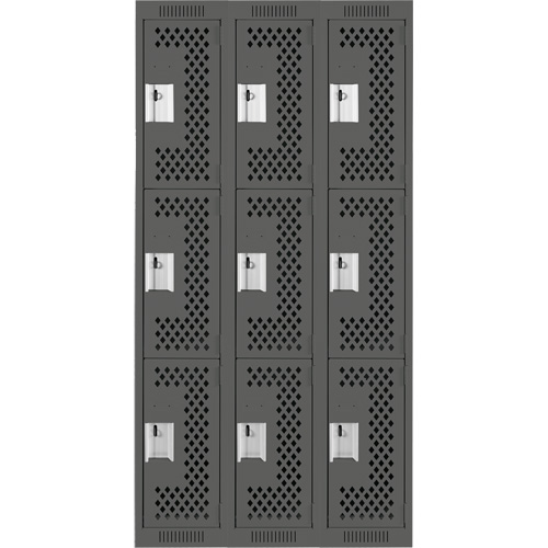 Clean Line Lockers, 3 -tier, Bank of 3, 36" x 12" x 72", Steel, Charcoal, Rivet (Assembled), Perforated Waymarc Industries Inc