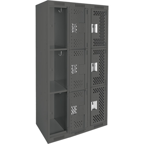 Clean Line Lockers, 3 -tier, Bank of 3, 36" x 12" x 72", Steel, Charcoal, Rivet (Assembled), Perforated Waymarc Industries Inc