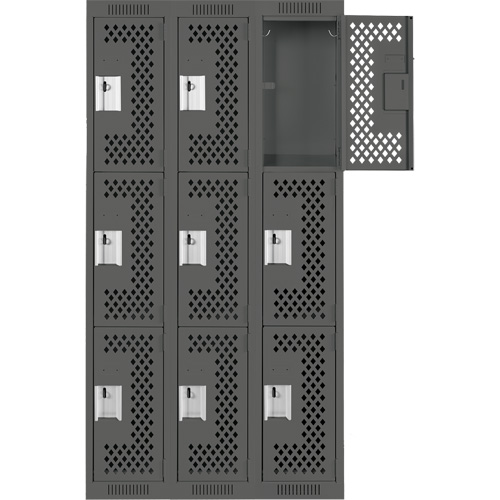Clean Line Lockers, 3 -tier, Bank of 3, 36" x 12" x 72", Steel, Charcoal, Rivet (Assembled), Perforated Waymarc Industries Inc
