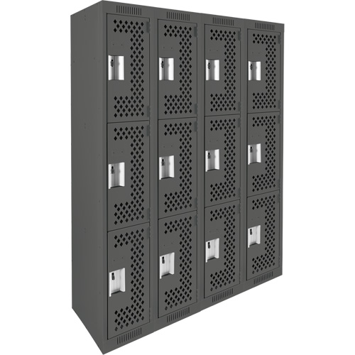 Clean Line Lockers, 3 -tier, Bank of 4, 48" x 12" x 72", Steel, Charcoal, Rivet (Assembled), Perforated Waymarc Industries Inc