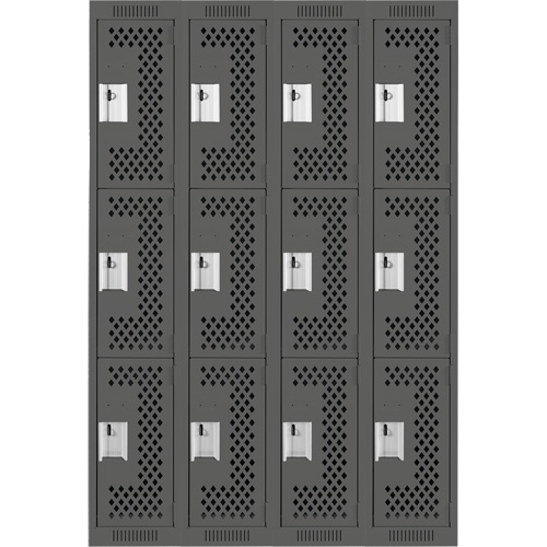 Clean Line Lockers, 3 -tier, Bank of 4, 48" x 12" x 72", Steel, Charcoal, Rivet (Assembled), Perforated Waymarc Industries Inc