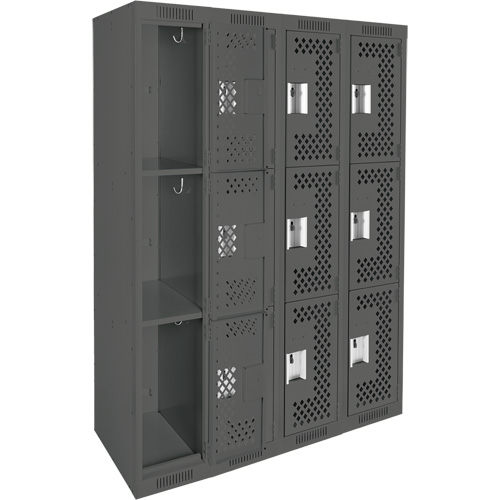 Clean Line Lockers, 3 -tier, Bank of 4, 48" x 12" x 72", Steel, Charcoal, Rivet (Assembled), Perforated Waymarc Industries Inc