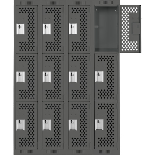Clean Line Lockers, 3 -tier, Bank of 4, 48" x 12" x 72", Steel, Charcoal, Rivet (Assembled), Perforated Waymarc Industries Inc