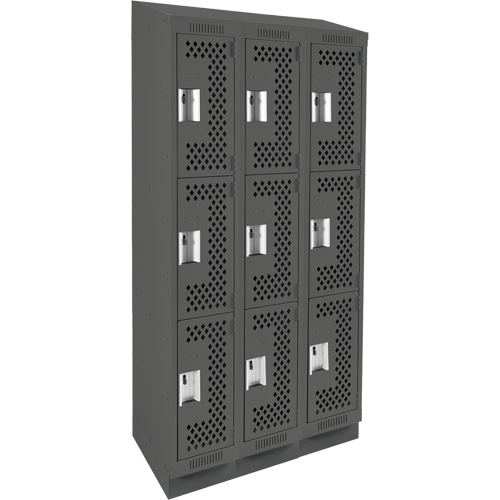 Clean Line Lockers, 3 -tier, Bank of 3, 36" x 12" x 82", Steel, Charcoal, Rivet (Assembled), Perforated Waymarc Industries Inc