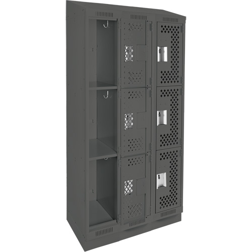 Clean Line Lockers, 3 -tier, Bank of 3, 36" x 12" x 82", Steel, Charcoal, Rivet (Assembled), Perforated Waymarc Industries Inc