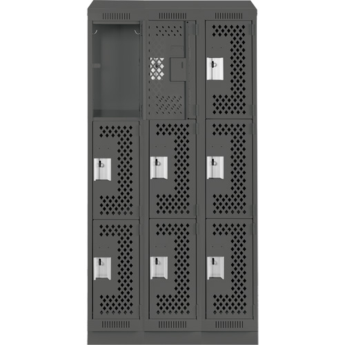 Clean Line Lockers, 3 -tier, Bank of 3, 36" x 12" x 82", Steel, Charcoal, Rivet (Assembled), Perforated Waymarc Industries Inc