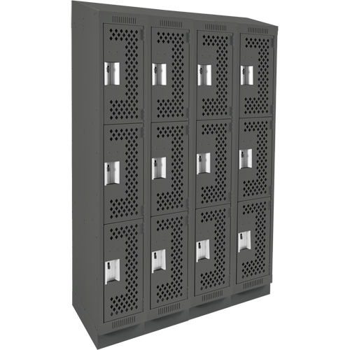 Clean Line Lockers, 3 -tier, Bank of 4, 48" x 12" x 82", Steel, Charcoal, Rivet (Assembled), Perforated Waymarc Industries Inc