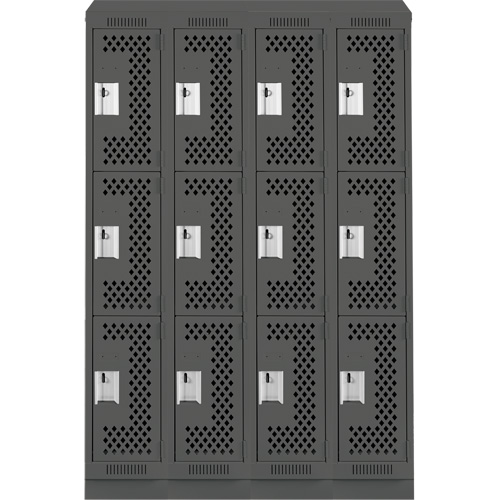Clean Line Lockers, 3 -tier, Bank of 4, 48" x 12" x 82", Steel, Charcoal, Rivet (Assembled), Perforated Waymarc Industries Inc