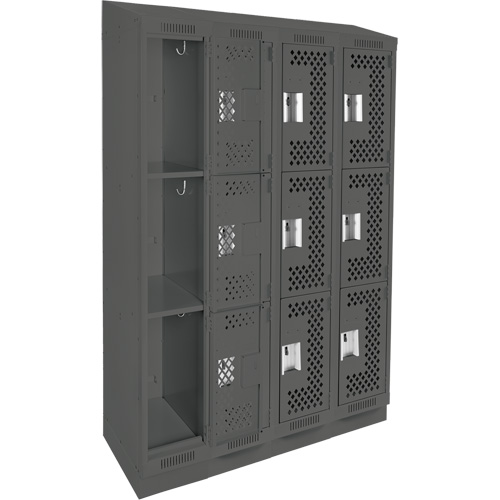 Clean Line Lockers, 3 -tier, Bank of 4, 48" x 12" x 82", Steel, Charcoal, Rivet (Assembled), Perforated Waymarc Industries Inc