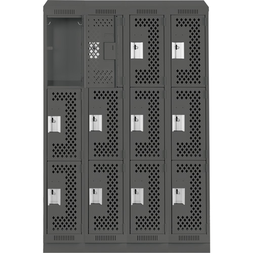 Clean Line Lockers, 3 -tier, Bank of 4, 48" x 12" x 82", Steel, Charcoal, Rivet (Assembled), Perforated Waymarc Industries Inc