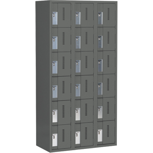 Concorde Heavy-Duty Lockers, 6 -tier, Bank of 3, 36" x 18" x 72", Steel, Charcoal, Welded (Assembled) Waymarc Industries Inc
