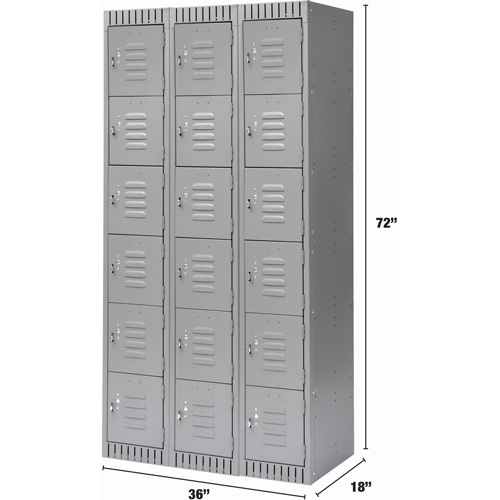 Lockers, 6 -tier, Bank of 3, 36" x 18" x 72", Steel, Grey, Knocked Down Waymarc Industries Inc