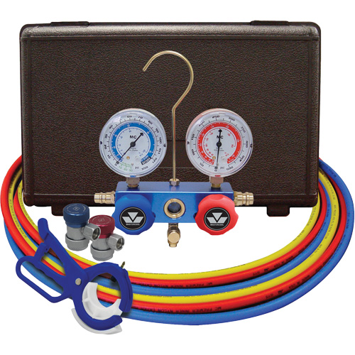 Dual Manifold Gauge Set with Manual Couplers & 3-in-1 Side Mount Can Tap Valve Waymarc Industries Inc