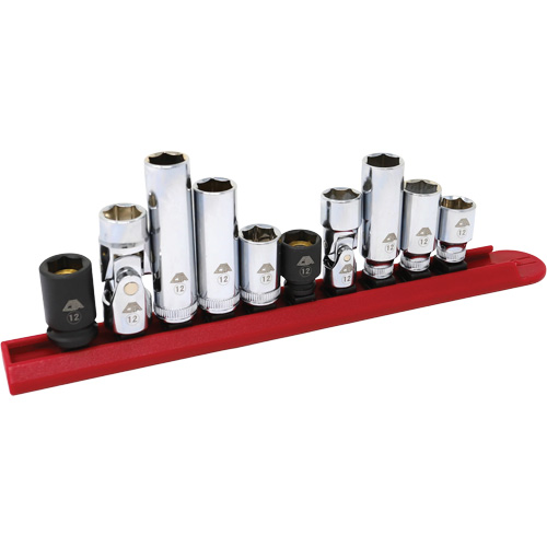 Jeu de douilles chrom&eacute;es avec rail, 10 Morceaux, Prise de 1/4"/3/8" Waymarc Industries Inc