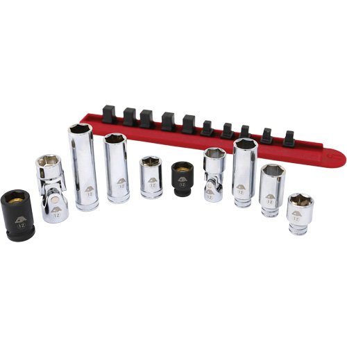 Jeu de douilles chrom&eacute;es avec rail, 10 Morceaux, Prise de 1/4"/3/8" Waymarc Industries Inc
