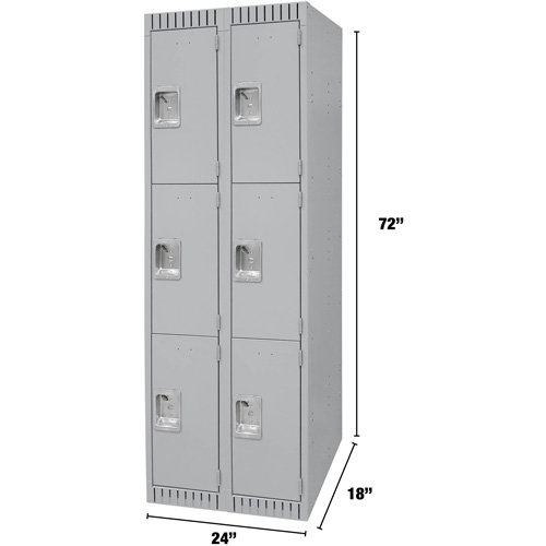 Lockers, 3 -tier, Bank of 2, 24" x 18" x 72", Steel, Grey, Knocked Down Waymarc Industries Inc